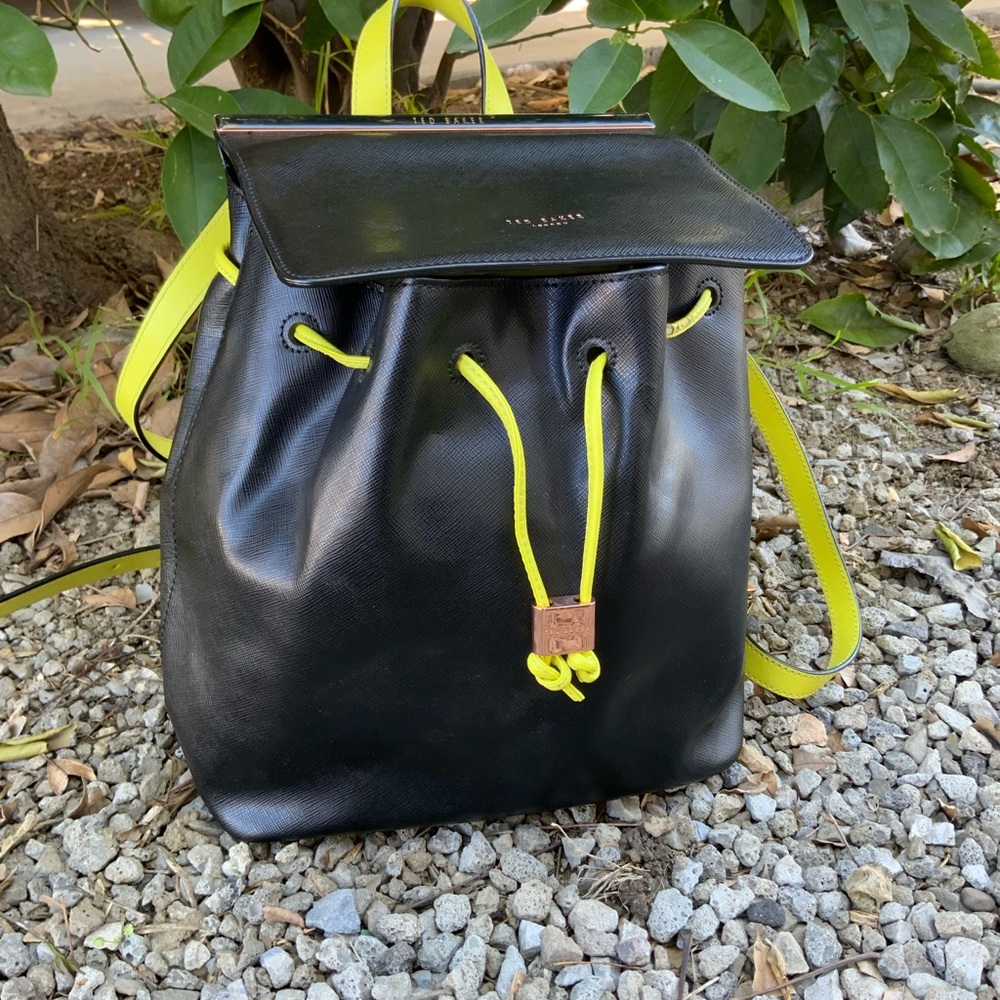 Ted Baker London Black Backpack with Yellow Highlights & Drawstrings